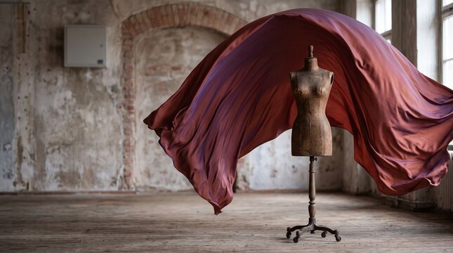 Dyed technical textile billows around a dress form