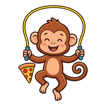 Happy monkey mascot skipping rope while holding a pizza slice in vibrant cartoon vector for fitness and snack branding