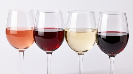 Naklejka premium Four stemmed wine glasses in a row filled with rosé, red, and white wine against a white background
