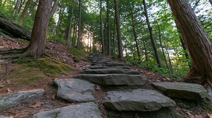 Fototapeta premium The Stone Staircase Through a Sunlit Forest Path to a Quiet Summit