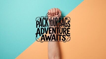 Hand holding drawn suitcase with travel lettering adventure theme © jamal