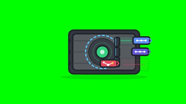 Flat vector motion icon showing network traffic entering a firewall gateway for inspection, with trusted data packets passing through while a malicious packet is physically blocked and rejected on a g