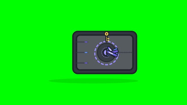 Flat vector motion icon showing structured digital data entering an encryption processor, separating and transforming into encrypted cipher blocks before moving through a secure data channel on a gree