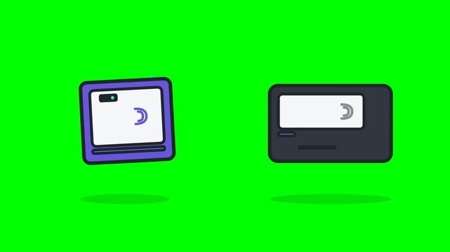 Flat vector motion icon showing a smartphone and a POS payment terminal side by side, establishing a two-way NFC wireless handshake and receiving a digital payment confirmation. Clean bold stroke desi