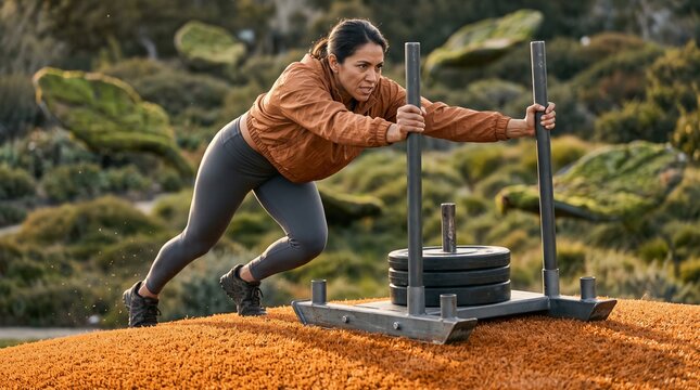 Low angle sled push over a warm orange turf berm