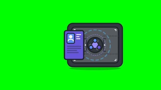 Flat vector motion icon showing a digital identity credential entering a verification frame, undergoing three-point identity matching, becoming verified, and rejecting an unauthorized credential.