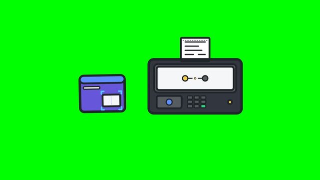 Flat vector motion icon showing a retail POS terminal processing a product barcode scan, transferring transaction data, completing payment processing, and producing a receipt on a green screen. Design