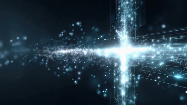 A vibrant, ethereal blue light bursts forth in a cosmic explosion of digital particles. ..Created with Generative AI, not depicting real subjects.