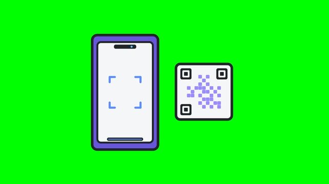 Flat vector motion icon showing a smartphone scanning a QR payment code, extracting digital payment data, verifying the transaction, and displaying a confirmation checkmark on a green screen without d