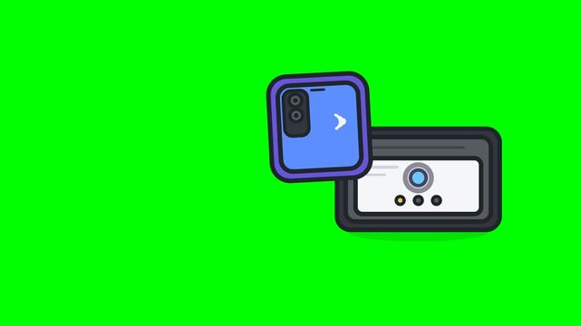 Flat vector motion icon of a smartphone performing a clear downward physical tap onto a distinct NFC contactless target on a POS payment terminal, triggering an accelerating data pulse, terminal proce