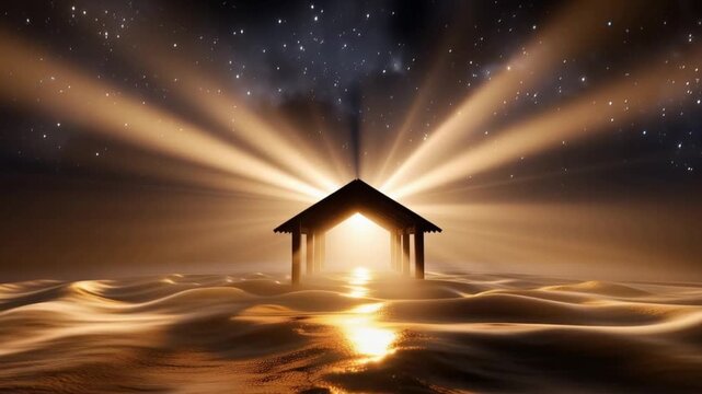A humble stable stands silhouetted against a dramatic sky, bathed in ethereal golden light that beams outwards. ..Created with Generative AI, not depicting real subjects.