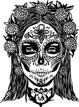 Santa Muerte sugar skull woman portrait, Day of the Dead Catrina black and white vector line art illustration
