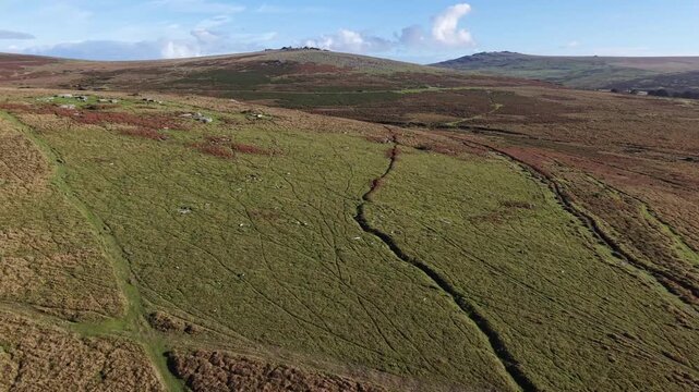 Aerial view looking towards tors on top of the hills on Dartmoor