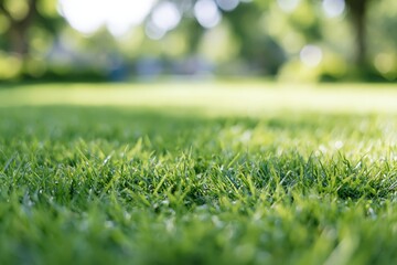 Naklejka premium The Grass Closeup: Fresh Green Blades in Sunlit Park Landscape, Bright and Serene
