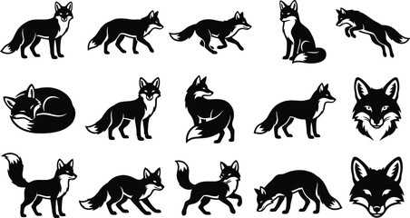 Fototapeta premium Collection of black and white fox silhouettes in various poses including standing, sitting, sleeping, running, jumping, and head portraits