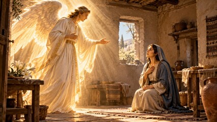 Fototapeta premium The Annunciation: a radiant angel visits the Virgin Mary in a humble Nazareth home, delivering God's message in a luminous, reverent moment of awe, faith, and divine grace