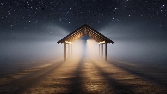 An ethereal stable bathed in celestial light under a starry night sky, evoking a sense of profound peace and spiritual wonder. ..Created with Generative AI, not depicting real subjects.