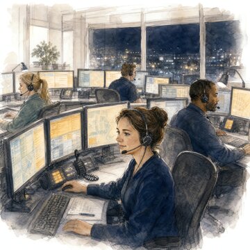 Team of Dispatchers Working the Night Shift in a Dispatch Center