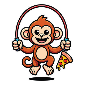 Monkey skipping rope mascot holding pepperoni pizza in a bold digital vector graphic for gym and snack bar branding