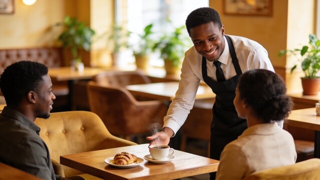 Professional waiter smiling while serving refreshments to customers in a stylish coffeehouse, welcoming atmosphere