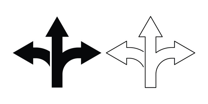 Set of three different style arrow icons showing three directions split path. Direction icon set. U turn arrow icon set. Go straight, this way, one way only U turn, left and right arrow icons. Vector 