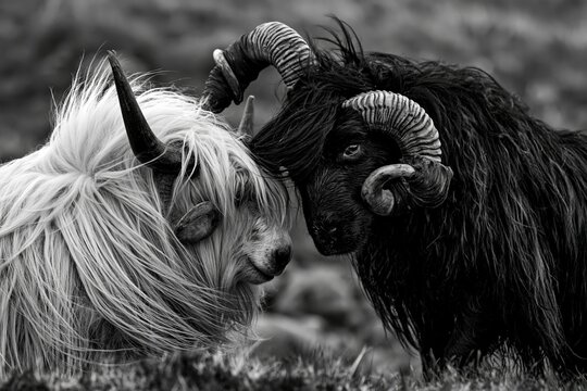 Two goats with distinct fur and horns interact in a natural setting during daytime, showcasing animal behavior and diversity