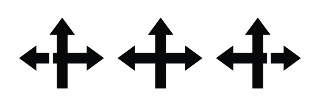 Three directions icon flat outline in black. Three way icon. Outline and filled triple arrow diverging path icons for choice. Three direction arrow icon isolated on white background black branching 