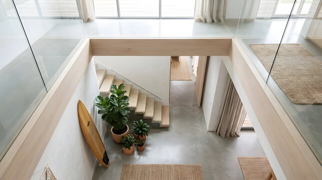 Modern luxury home interior featuring mezzanine floor overlooking wooden stairs indoor plants surfboard and minimalist design architecture elements