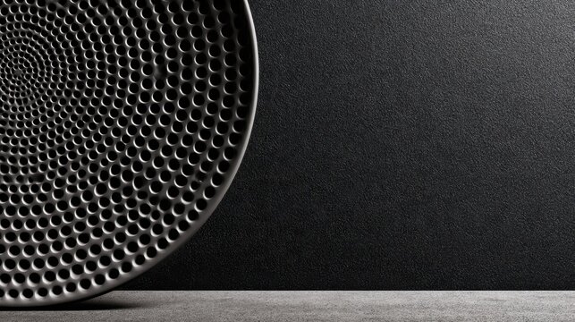 Close-up metal speaker grill texture on black background for audio product mockup and technology design
