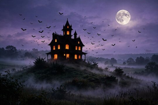 Spooky haunted house silhouette with glowing windows on hill at twilight, full moon and bats