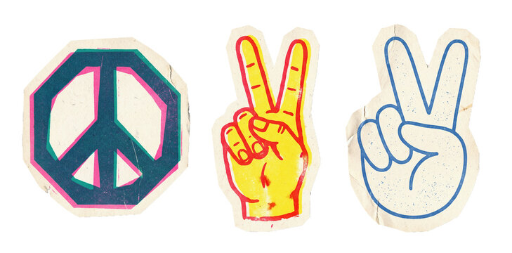 Vector set of vintage peace sign and victory hand cutout stickers in old print style