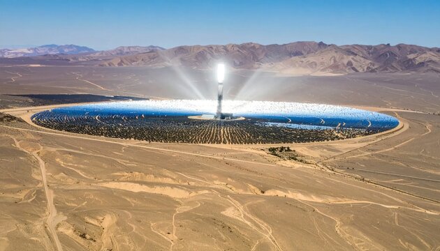 Massive Concentrated Solar Power Plant with Heliostats Reflecting Sunlight onto a Central Tower in a Desert Landscape