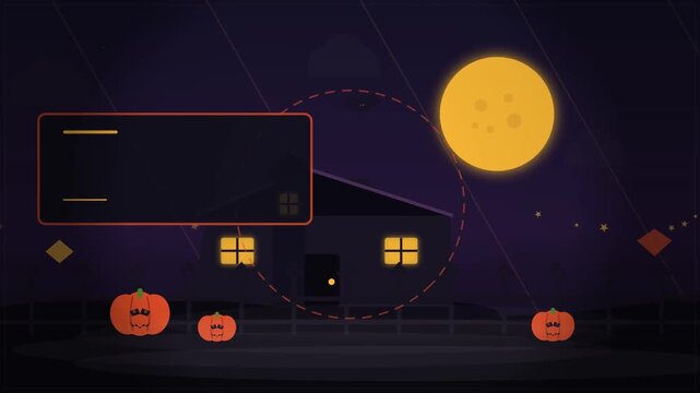 Spooky Halloween night background featuring a dark haunted house silhouette with pumpkins and full moon for seasonal video project