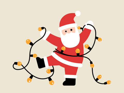 Santa Claus got tangled in a string of glowing Christmas lights. Humorous Christmas illustration