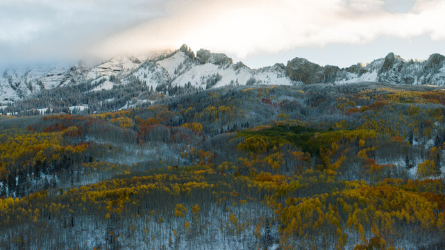 Aerial view of Kebler Pass featuring vibrant aspen trees with peak autumn foliage dusted by early snow, set against the Rocky Mountains near Crested Butte, Colorado, United States.