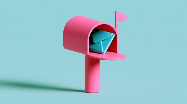 Pink mailbox with raised flag containing a blue envelope on light blue background, minimalistic pastel color concept
