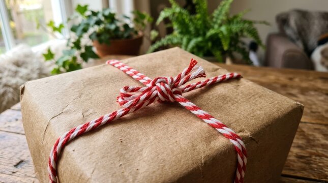 A brown paper gift box sits on a wooden table with red twine.