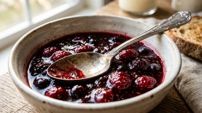 A silver spoon rests inside a rustic bowl filled with fresh berry jam.