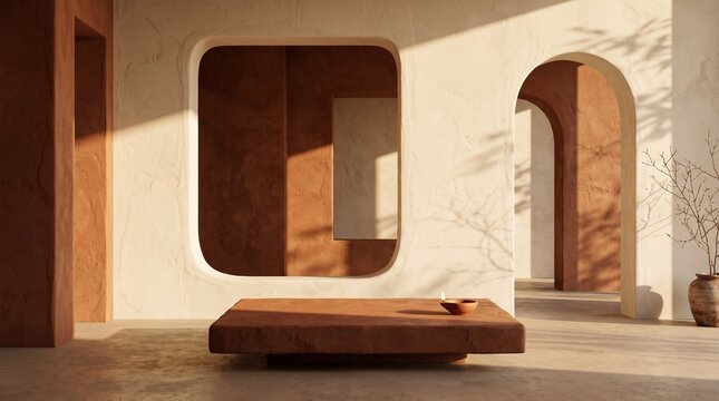 Minimalist architectural podium with terracotta walls and soft sunlight shadows perfect for product presentation, website hero header, and branding design