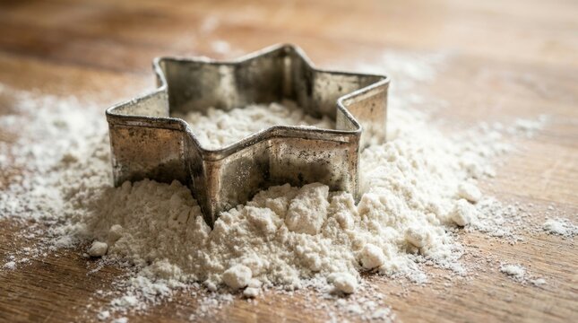 A metal star cookie cutter sits on a wooden table filled with white flour.