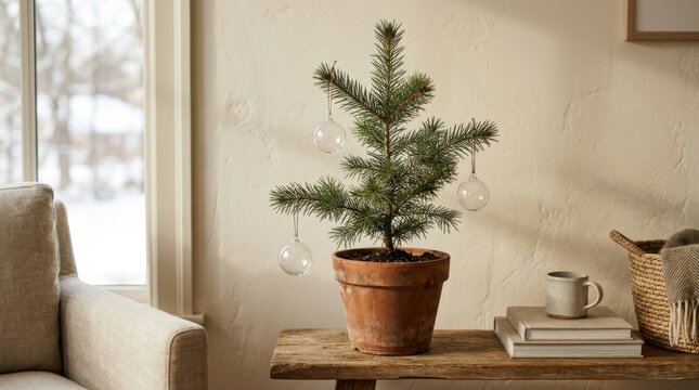 A small green pine tree sits in a clay pot with glass ornaments.