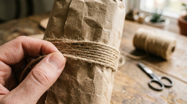 A person wraps a brown paper parcel using rustic string on a wooden table.