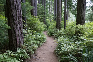 Fototapeta premium The Forest Path Through Tall Trees, A Serene Trail Amid Lush Greenery