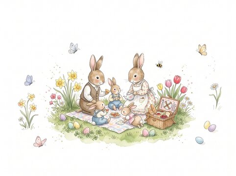 Watercolor illustration of a cute rabbit family having a picnic in a spring meadow with flowers, butterflies, and easter eggs, isolated on white background