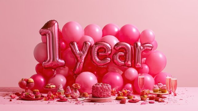 Pink themed one year celebration setup with foil balloons, cake, cupcakes, desserts, champagne glasses, and decorative balloons on pink background