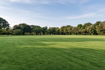 Fototapeta premium The Serene Green Field of a Park Under a Clear Blue Sky
