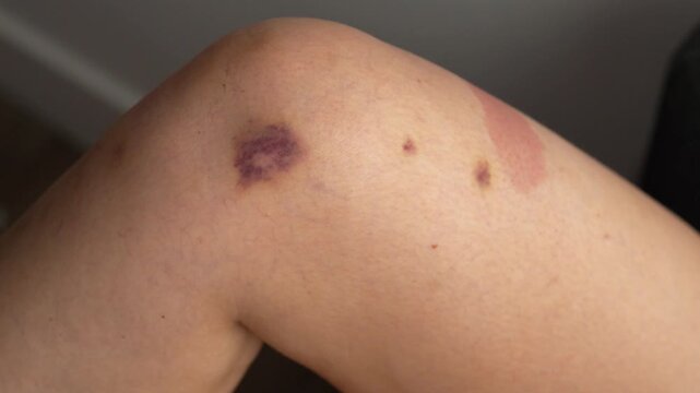 A bruise on a person's leg.
A mark from a blow on light skin.
An injured area of ​​skin.