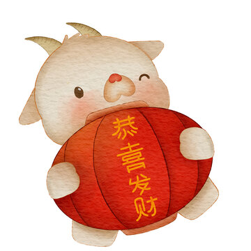  Cute Goat Hugging Chinese Lantern, Gong Xi Fa Cai Lunar New Year Clipart