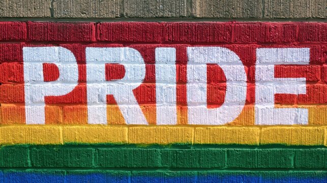 Colorful rainbow painted brick wall background with bold white pride text symbolizing diversity acceptance and unity for community support