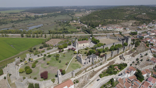 Aerial view of Montemor-o-Velho Castle featuring historic stone fortifications, towers, and a central courtyard, situated in the town of Montemor-o-Velho, Coimbra District, Portugal.